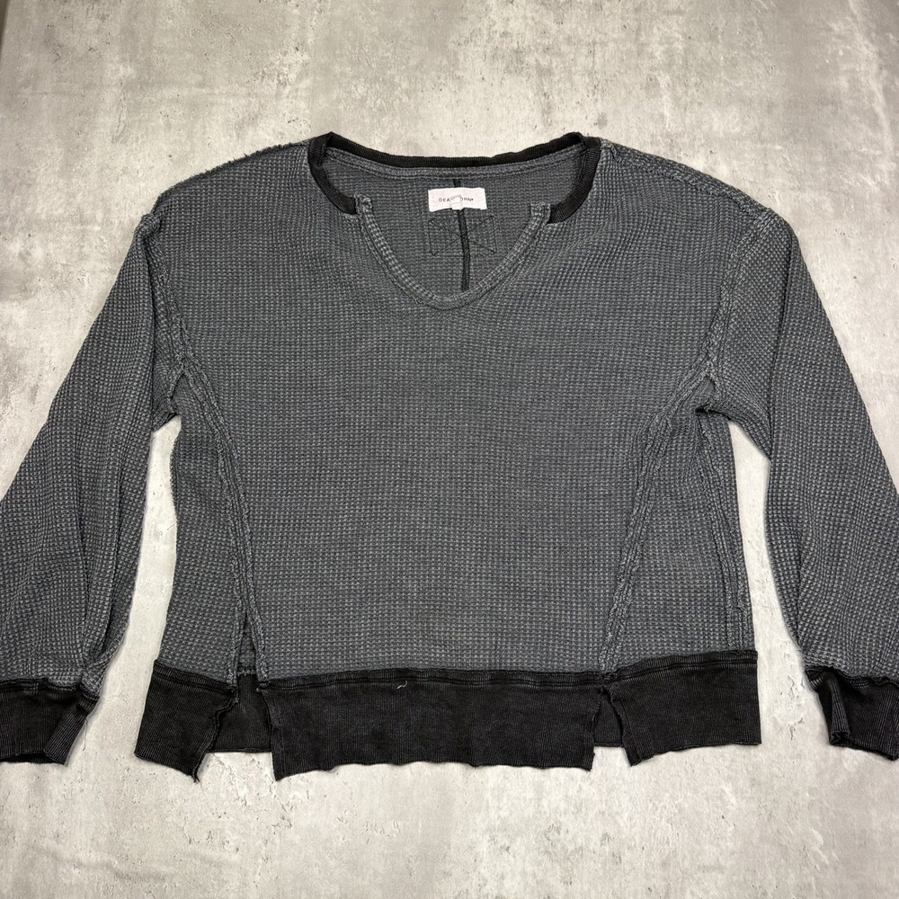 Dear John Denim Top Women's M Grey Thermal Waffle Knit Long Sleeve Pullover